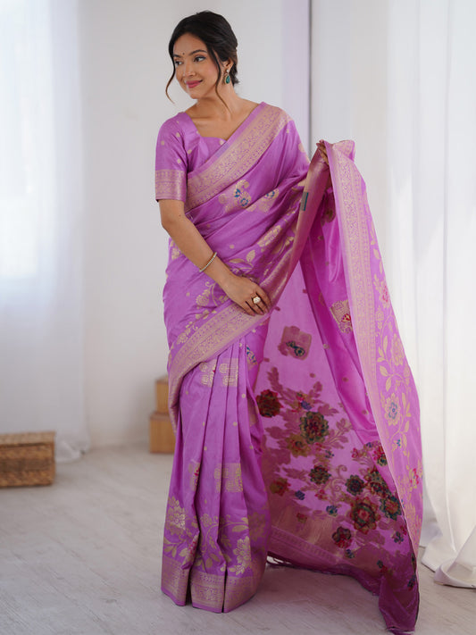 Lilac Silk Blend Banarasi Weave Floral Saree