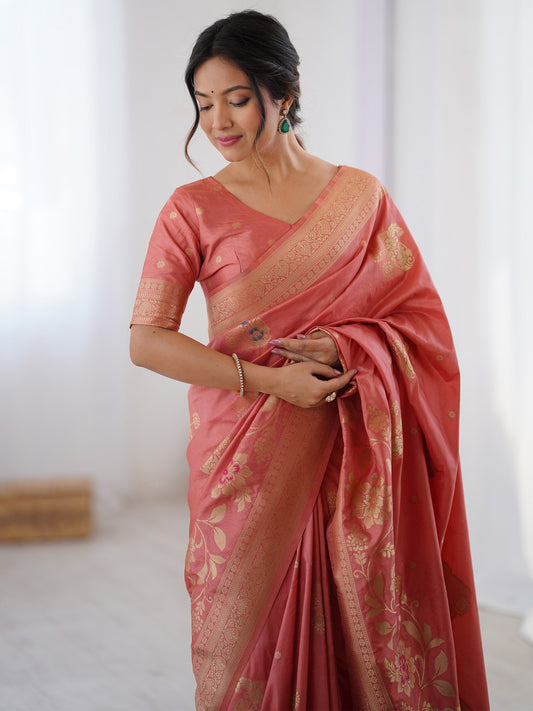 Peach Silk Zari Woven Saree