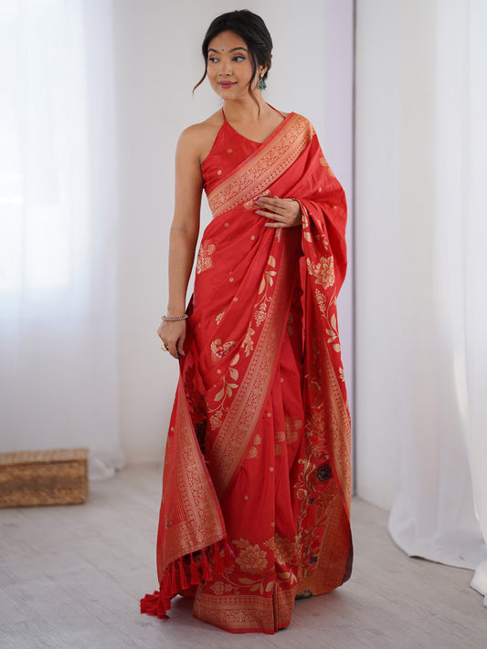 Red Silk Blend Heritage Banarasi Style Zari Woven Saree