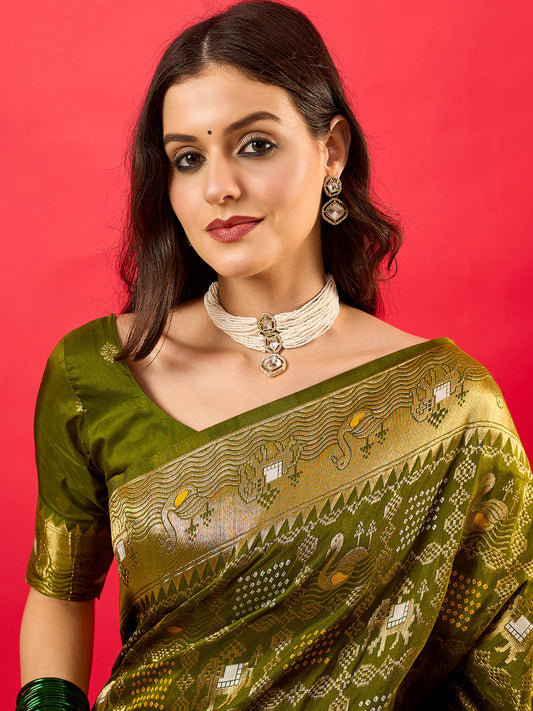 Mehendi Green Patola Style Silk Blend Zari Border saree