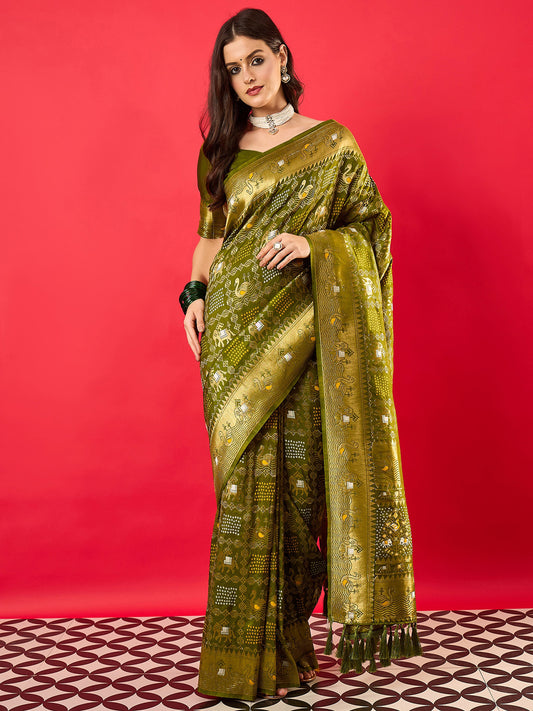 Mehendi Green Patola Style Silk Blend Zari Border saree
