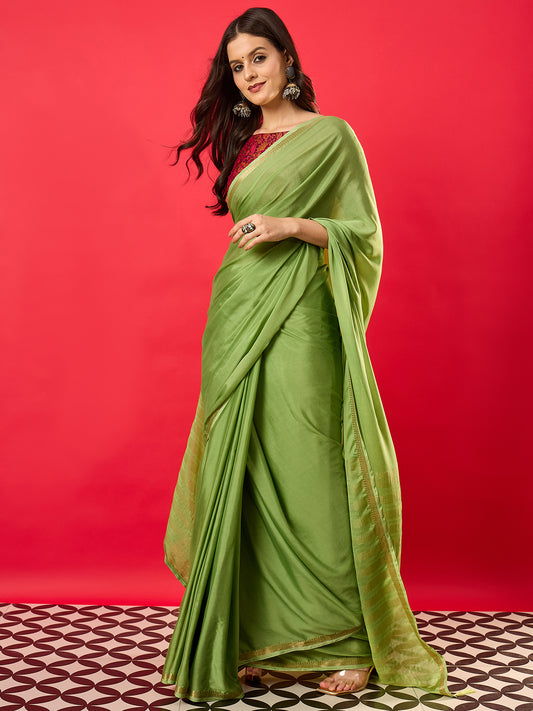 Green Solid Zari Embroidery olyester saree