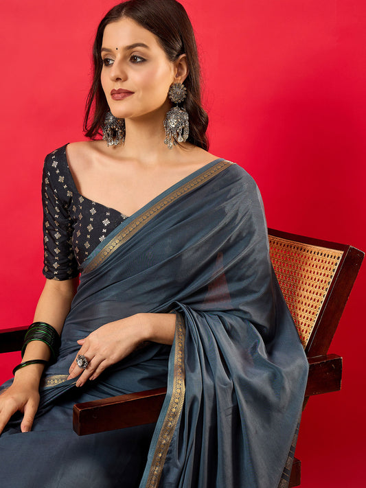 Steel Blue Mysore Silk Saree with Zari Border