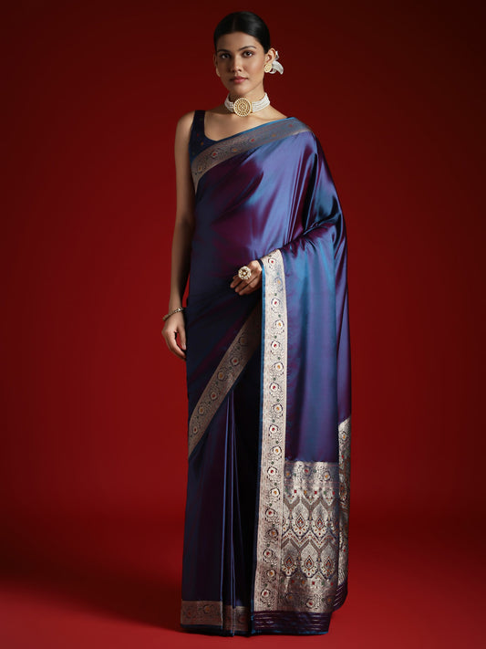 Dual Tone Navy Blue & Purple Silk Saree