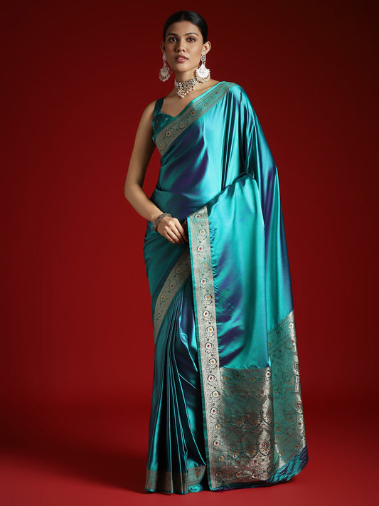 Teal Blue Silk Blend Embroidered Border Saree