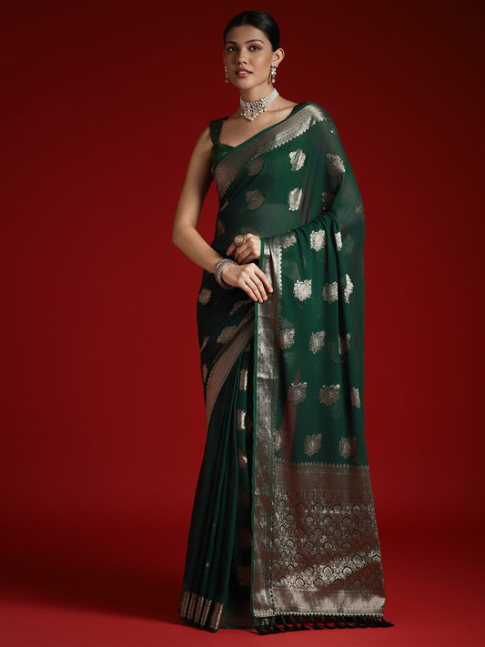Dark Green Silk Blend Heritage Banarasi Style Saree