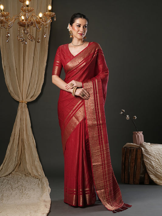 Crimson Zari Georgette Saree with Banarasi Border