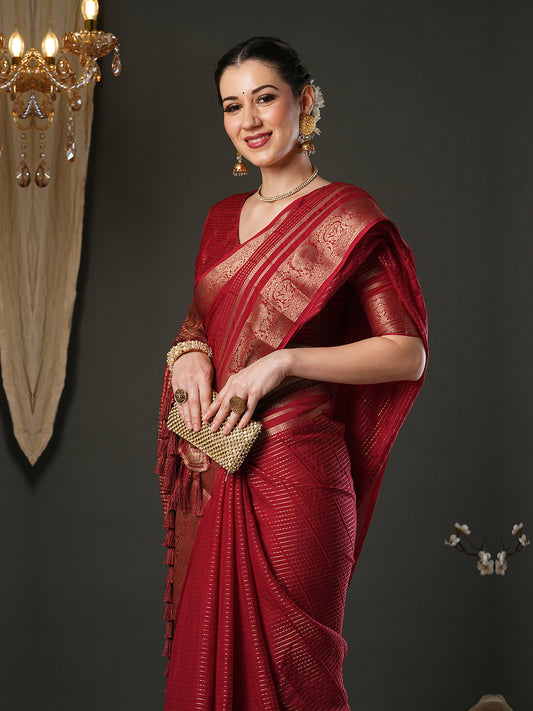 Crimson Zari Georgette Saree with Banarasi Border