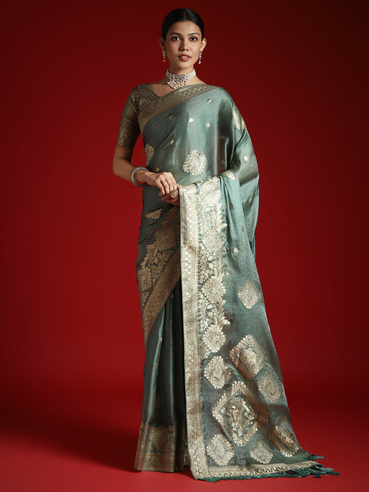 Deep Sea Green Satin Banarasi Style Saree