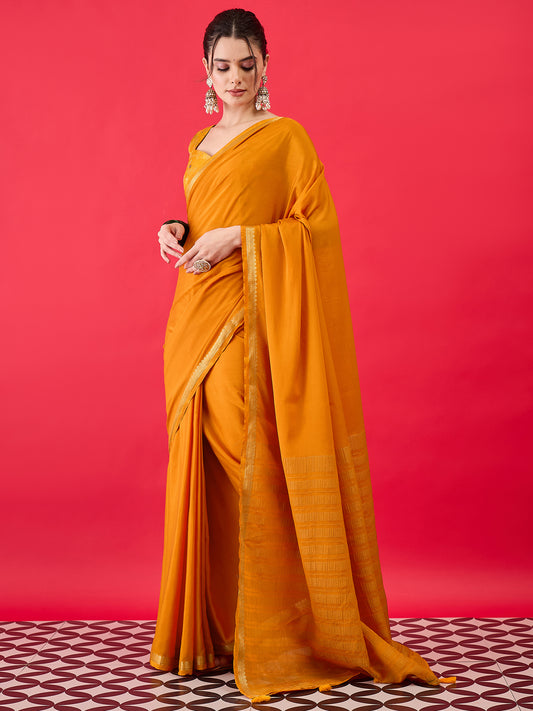 Mustard Yellow Silk Saree with Zari Border & Blouse Piece