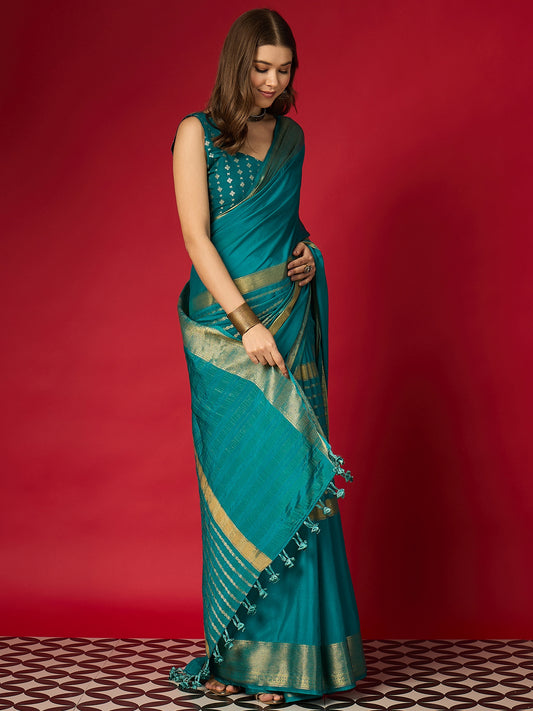 Teal Silk Saree with Zari Border & Embroidered Blouse