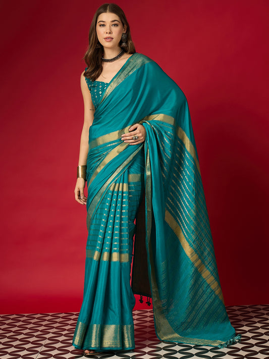 Teal Silk Saree with Zari Border & Embroidered Blouse