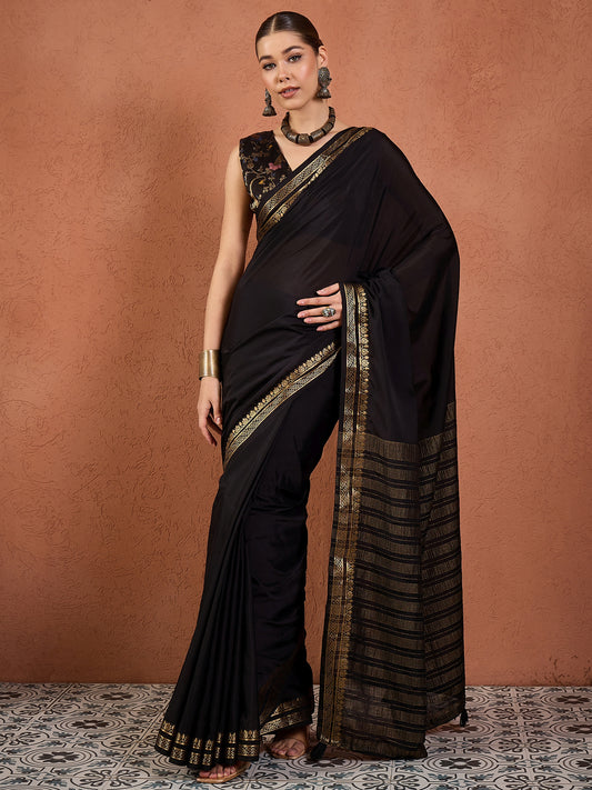 Black Mysore Silk Saree with Zari Border