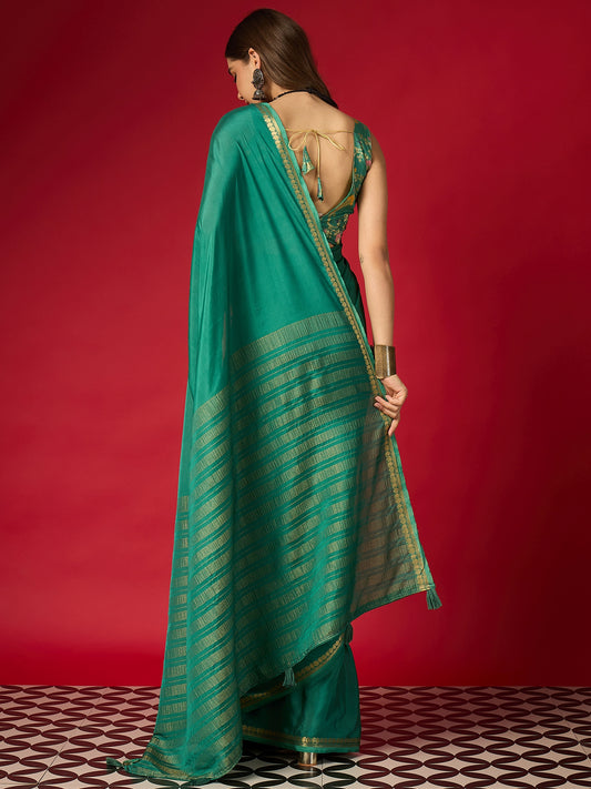 Teal Silk Saree with Zari Border & Brocade Blouse