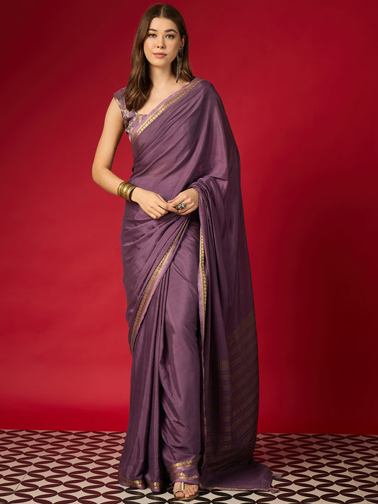 Purple Silk Blend Saree with Zari Border & Brocade Blouse