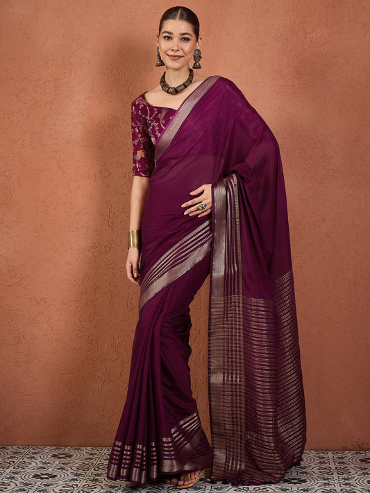 Organza Saree in Deep Wine with Zari Border & Brocade Blouse