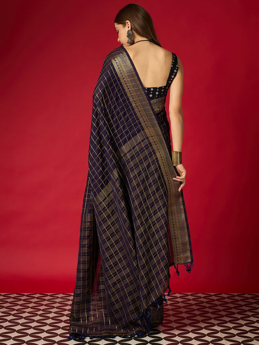 Navy Blue Zari Check Georgette Saree