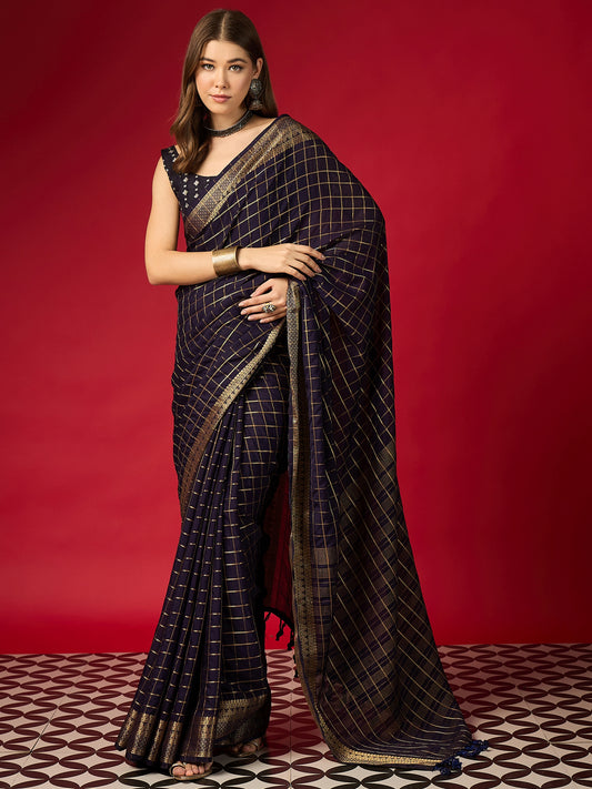 Navy Blue Zari Check Georgette Saree