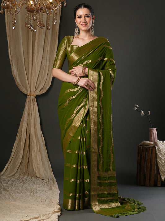 Olive Green Georgette & Zari Woven Stripe