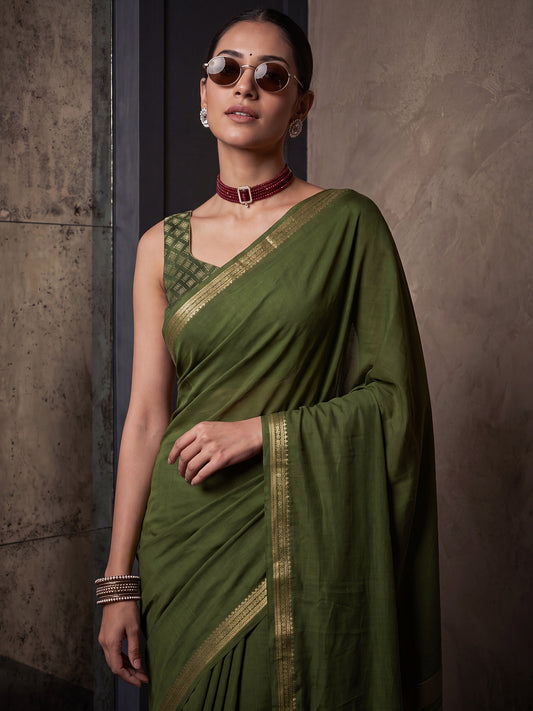 Olive Green Earthy Elegance Mysore Silk Saree