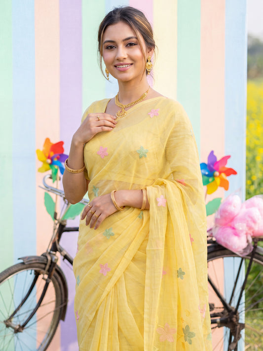 Lemon Yellow Chiffon Saree