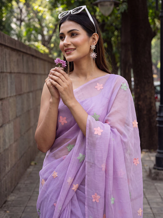 Lavender Multicolor Floral Embroidery Tissue Saree