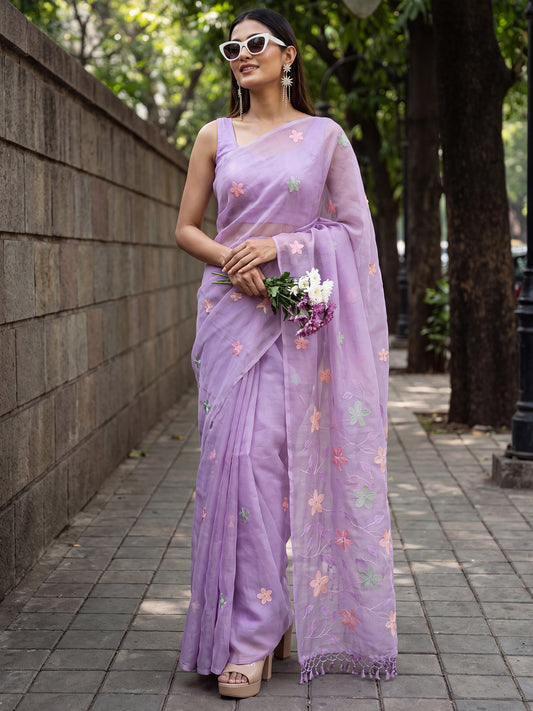 Lavender Multicolor Floral Embroidery Tissue Saree