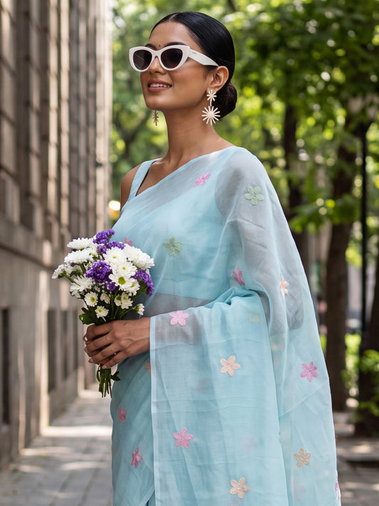 Sky Blue Multicolor Floral Embroidery Tissue Saree