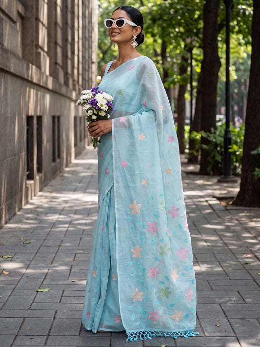 Sky Blue Multicolor Floral Embroidery Tissue Saree