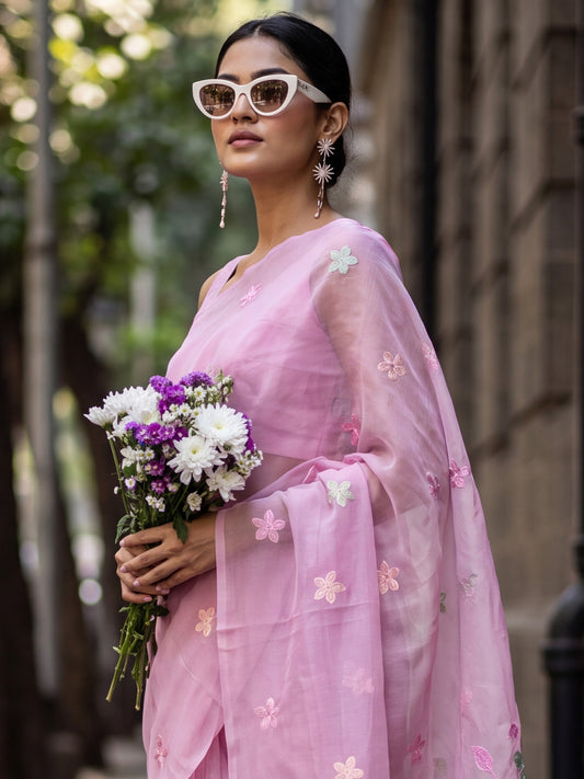 Pink Multicolor Floral Embroidery Tissue Saree