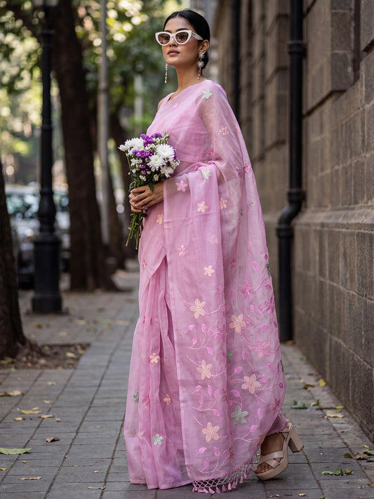 Pink Multicolor Floral Embroidery Tissue Saree