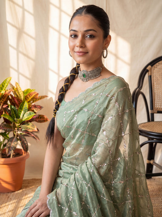 Sea Green Satin Saree