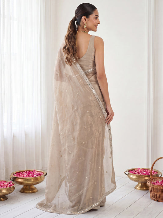 Beige Mirror & Sequence Embroidery Satin Saree