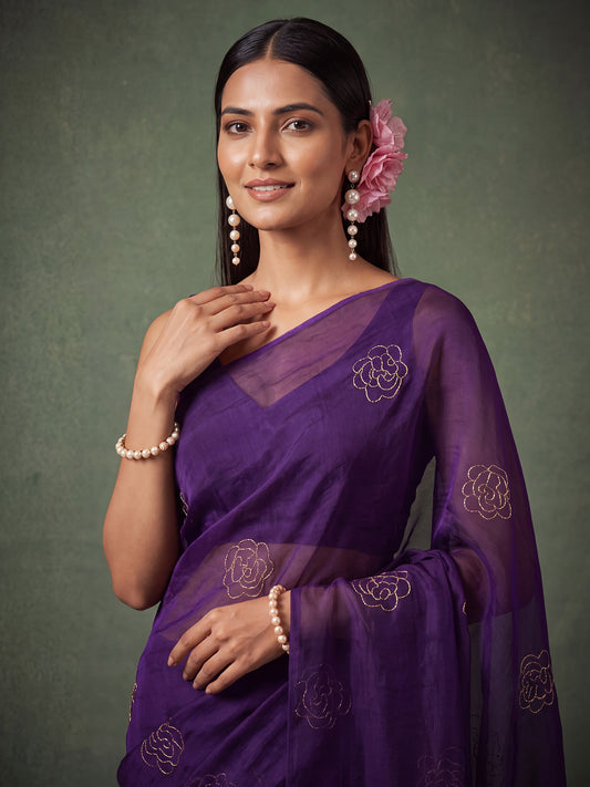 Deep Purple Rose Motif Embroidery Satin Saree
