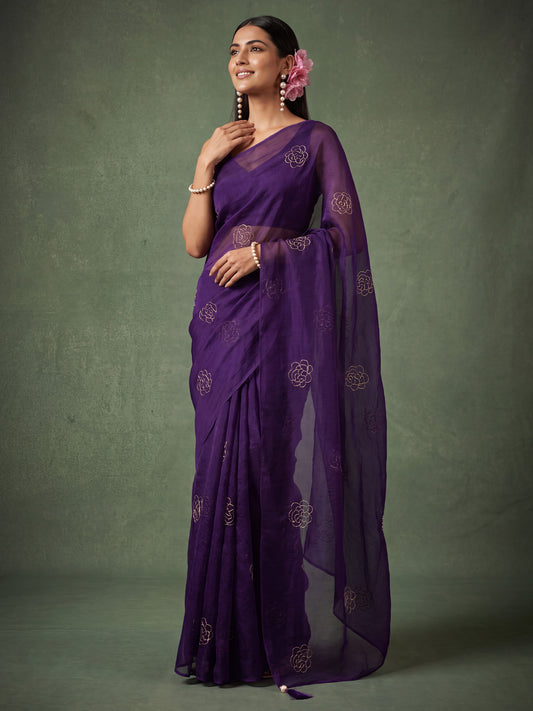 Deep Purple Rose Motif Embroidery Satin Saree