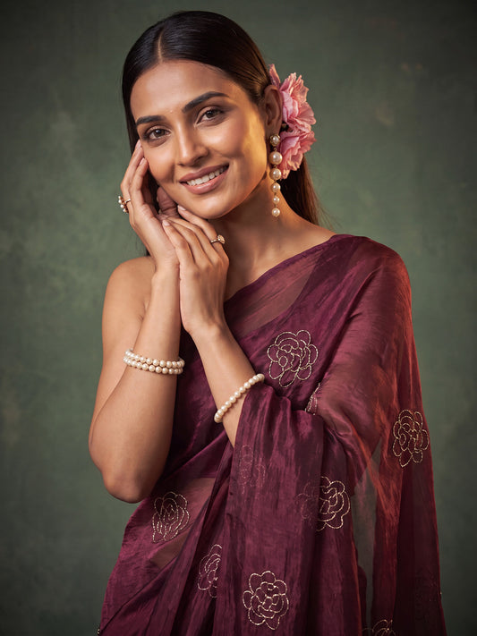 Wine Tonal Rose Motif Embroidery Satin Saree