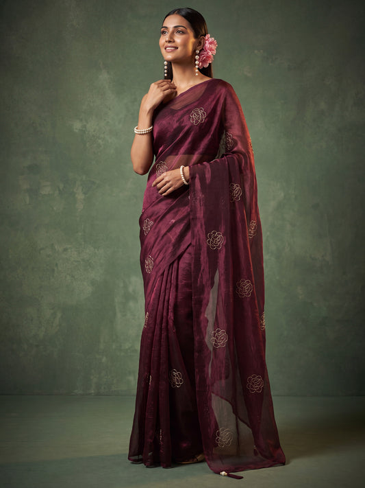 Wine Tonal Rose Motif Embroidery Satin Saree