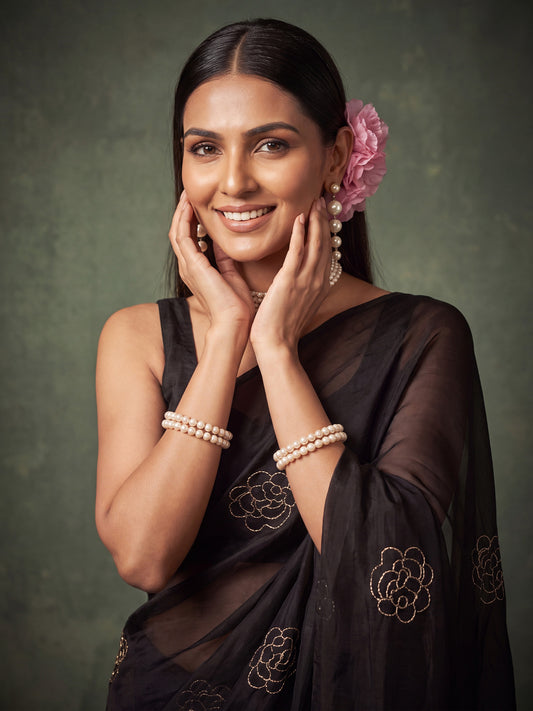 Black Golden Rose Motif Embroidery Satin Saree
