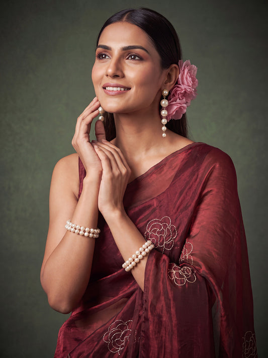 Maroon Tonal Rose Motif Embroidery Satin Saree