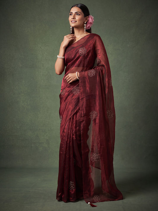 Maroon Tonal Rose Motif Embroidery Satin Saree
