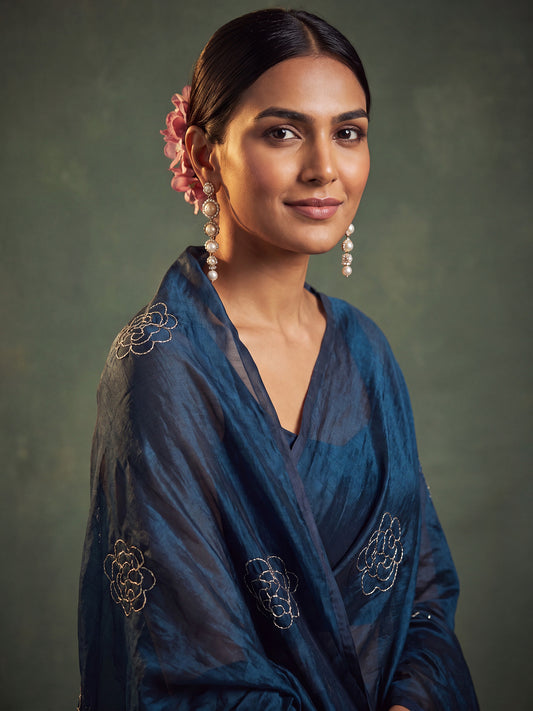 Teal Blue Tonal Rose Motif Embroidery Satin Saree