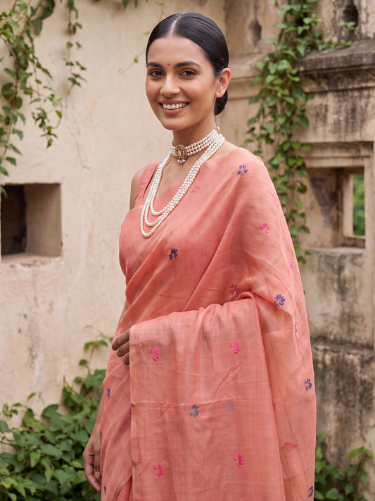 Peach Multicolor Elephant & Lotus Woven Pallu Cotton Saree
