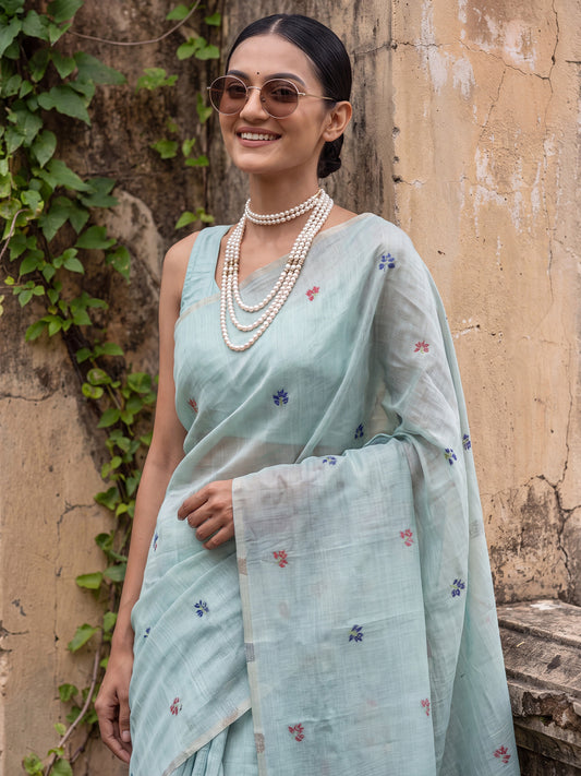 Blue Multicolor Elephant & Crane Woven Cotton Saree