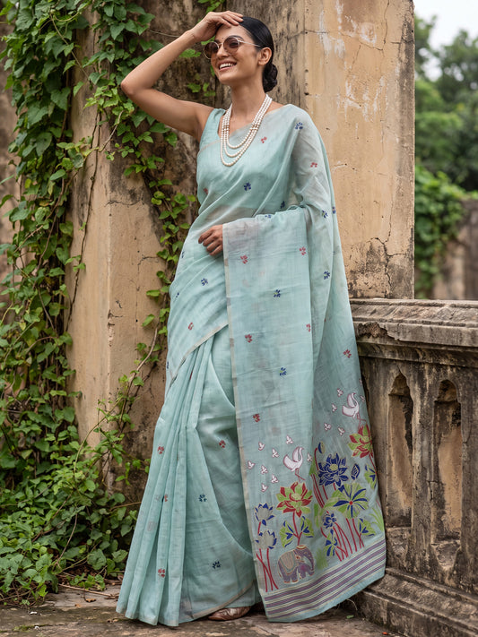 Blue Multicolor Elephant & Crane Woven Cotton Saree