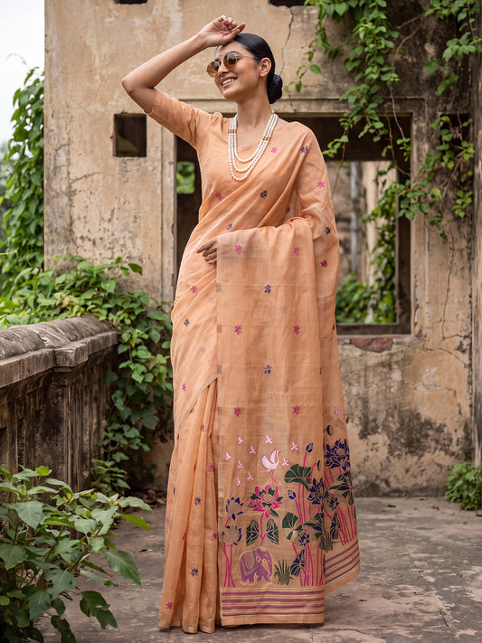 Multicolor Elephant & Crane Woven Cotton Saree