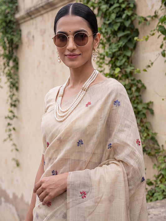 Beige Multicolor Elephant &Crane Woven Cotton Saree