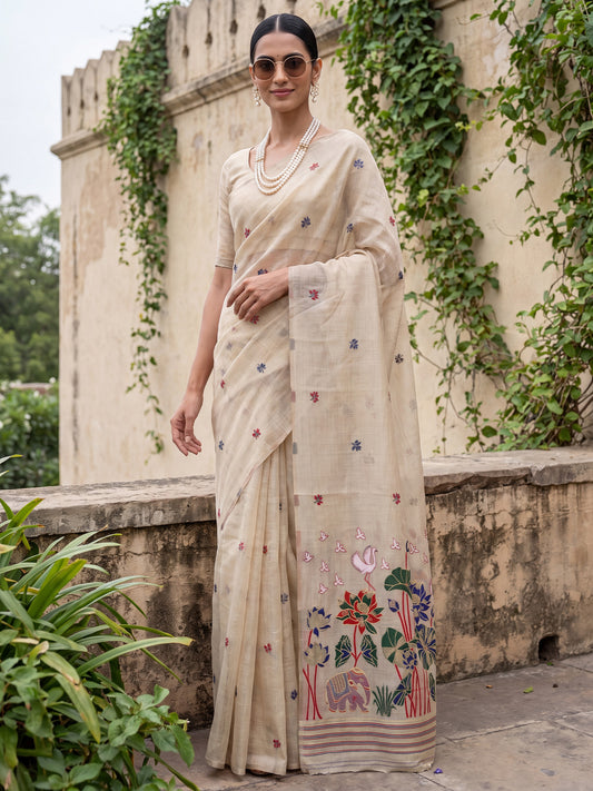 Beige Multicolor Elephant &Crane Woven Cotton Saree