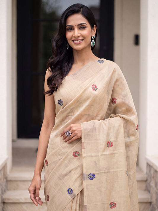 Beige Multicolor Large Floral Cotton Saree