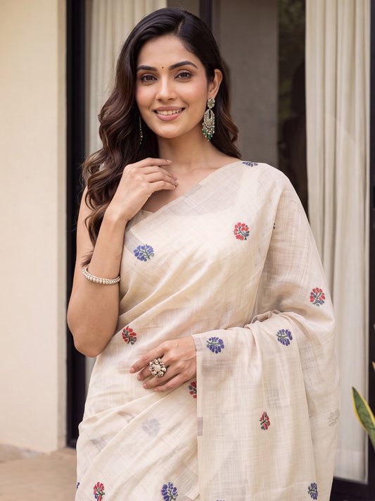 Off White Multicolor Large Floral Cotton Saree