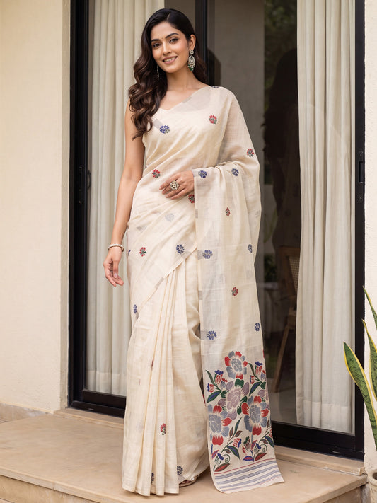 Off White Multicolor Large Floral Cotton Saree